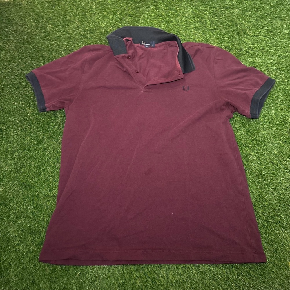 Fred Perry Mens XL Polo Shirt Burgundy Maroon Navy Contrast Collar Pique Cotton